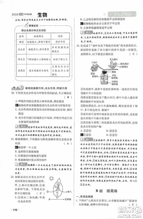 2020中考一卷通考点训练篇生物6篇训练答案