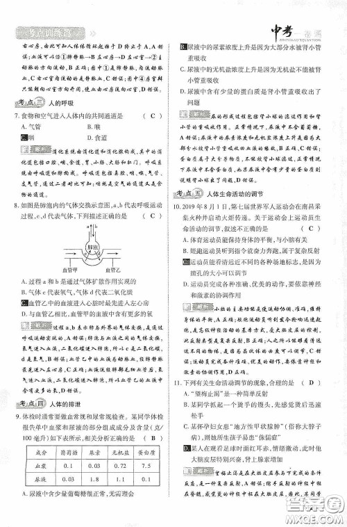 2020中考一卷通考点训练篇生物6篇训练答案