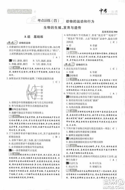 2020中考一卷通考点训练篇生物6篇训练答案