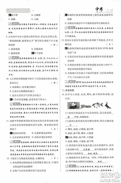 2020中考一卷通考点训练篇生物6篇训练答案