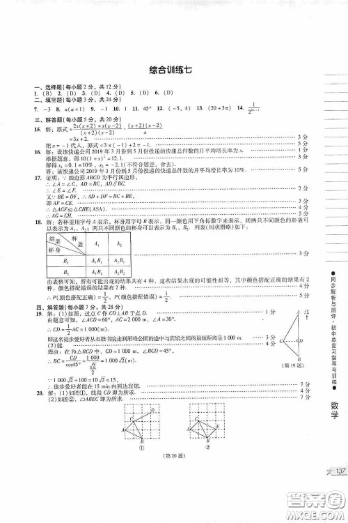 人民教育出版社2020同步解析与测评初中总复习指导与训练数学答案