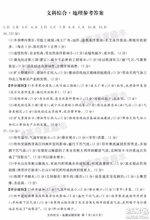 2020年四川九市联考内江广安等高三第二次模拟考试文科综合试题及答案