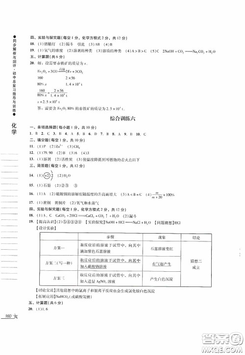 人民教育出版社2020同步解析与测评初中总复习指导与训练物理化学答案