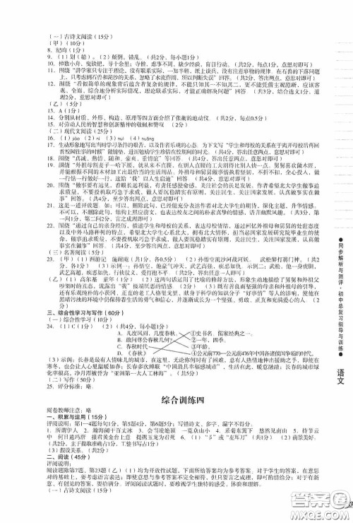 人民教育出版社2020同步解析与测评初中总复习指导与训练语文答案