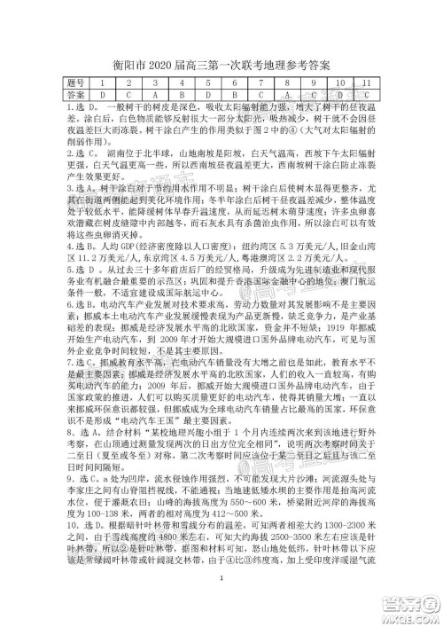 衡阳2020届高中毕业班联考一文科综合试题及答案