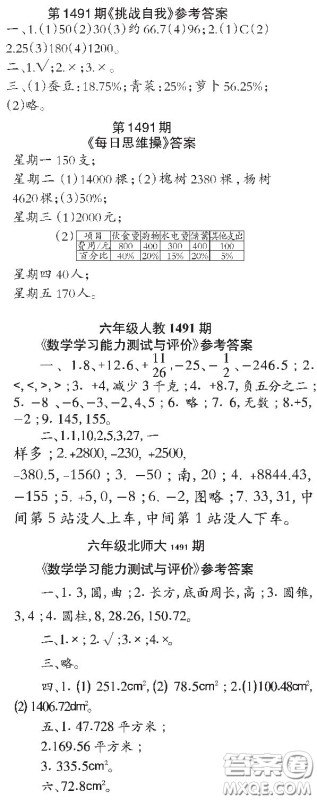 2020小学生数学报六年级下学期第1491期答案 2020小学生数学报六年级下学期第1491期答案