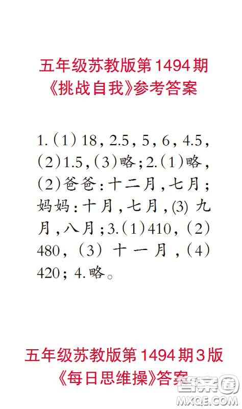 2020小学生数学报五年级下学期第1494期答案