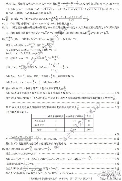 2020年江西金太阳高三重点中学模拟考试文科数学试题及答案 2020年江西金太阳高三重点中学模拟考试文科数学试题及答案