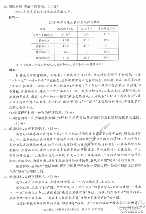 2020年江西金太阳高三重点中学模拟考试文科综合试题及答案