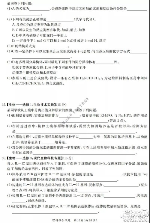 广西2020届高中毕业班第一次适应性测试理科综合试题及答案 广西2020届高中毕业班第一次适应性测试理科综合试题及答案