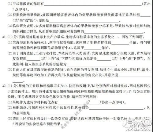 广西2020届高中毕业班第一次适应性测试理科综合试题及答案