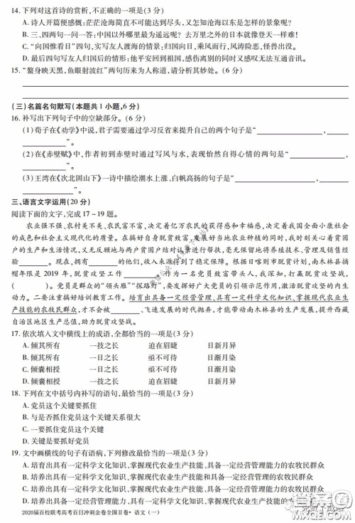 2020届百校联考高考百日冲刺金卷一全国二卷语文试题及答案