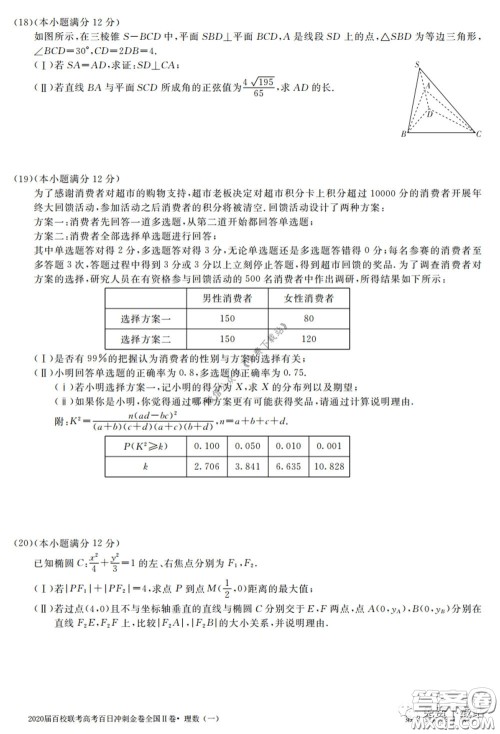 2020届百校联考高考百日冲刺金卷一全国二卷理科数学试题及答案