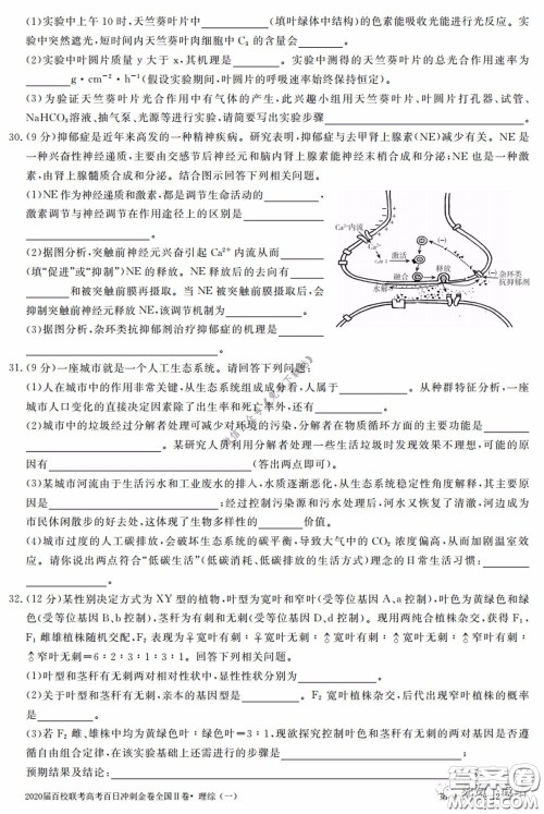 2020届百校联考高考百日冲刺金卷一全国二卷理综试题及答案