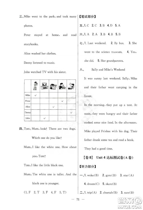 吉林人民出版社2020小学教材完全考卷六年级英语下册新课标人教版答案