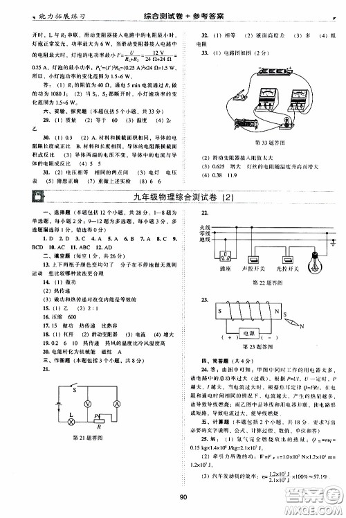 2020年能力拓展练习九年级下册物理人教版参考答案