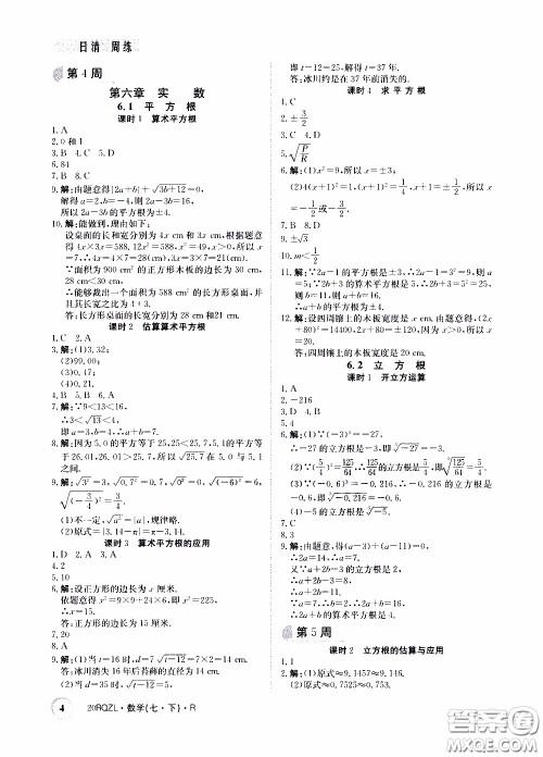 2020年日清周练限时提升卷数学七年级下册R人教版参考答案