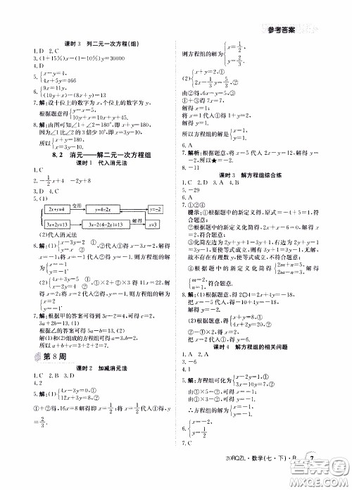 2020年日清周练限时提升卷数学七年级下册R人教版参考答案