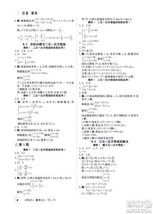 2020年日清周练限时提升卷数学七年级下册R人教版参考答案