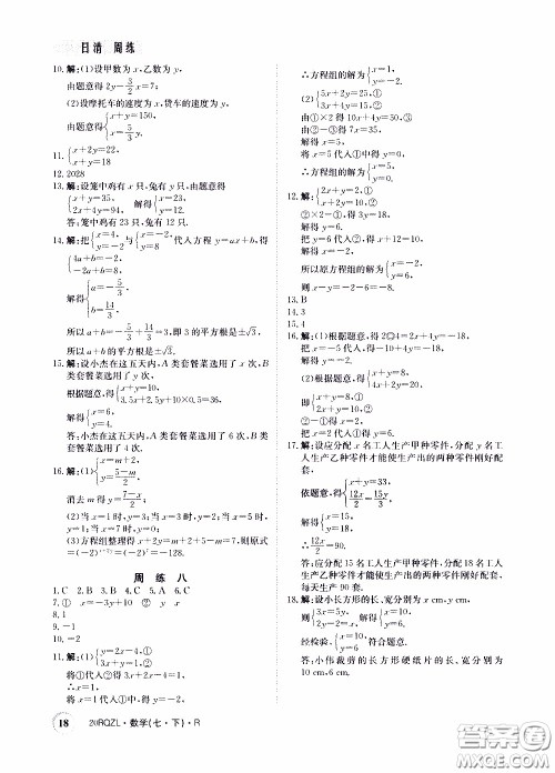 2020年日清周练限时提升卷数学七年级下册R人教版参考答案