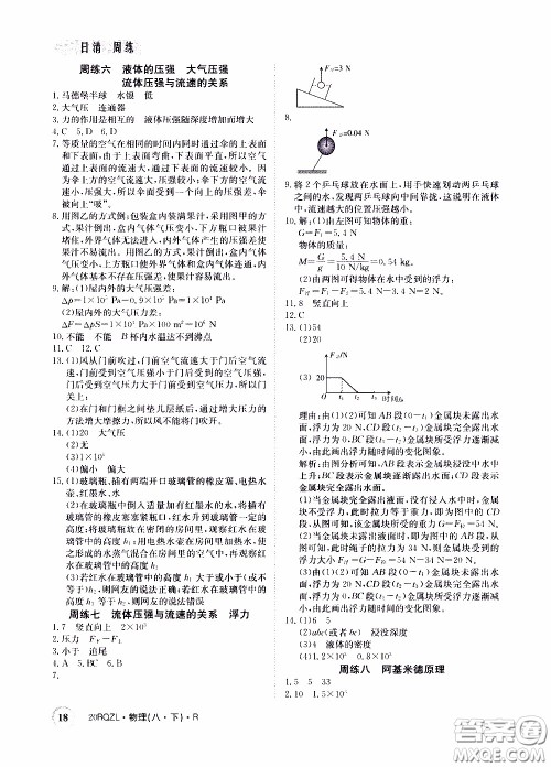 2020年日清周练限时提升卷物理八年级下册R人教版参考答案