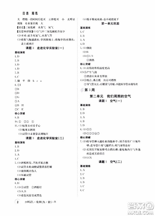 2020年日清周练限时提升卷化学九年级全一册R人教版参考答案