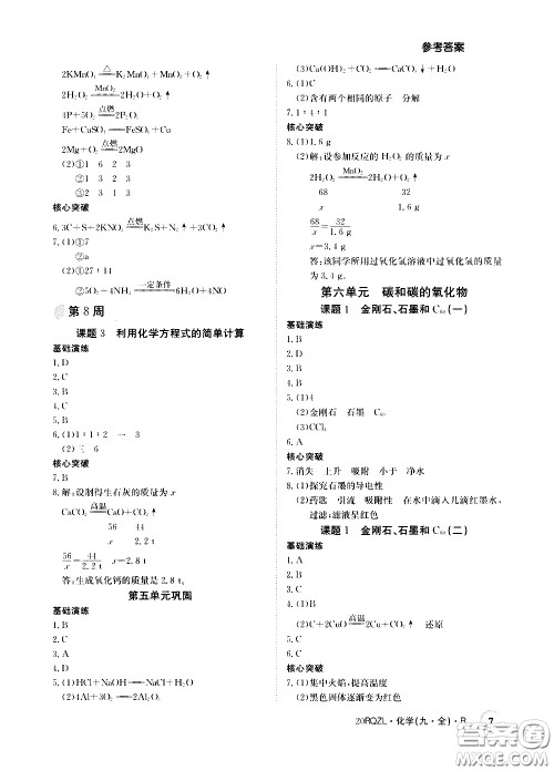 2020年日清周练限时提升卷化学九年级全一册R人教版参考答案