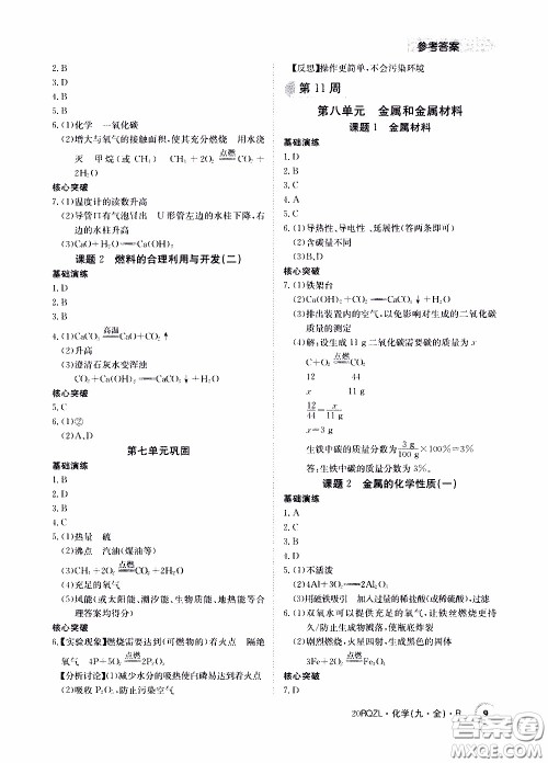 2020年日清周练限时提升卷化学九年级全一册R人教版参考答案