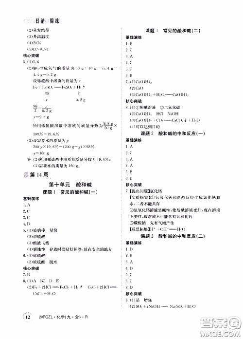 2020年日清周练限时提升卷化学九年级全一册R人教版参考答案