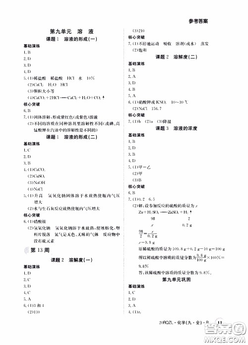 2020年日清周练限时提升卷化学九年级全一册R人教版参考答案