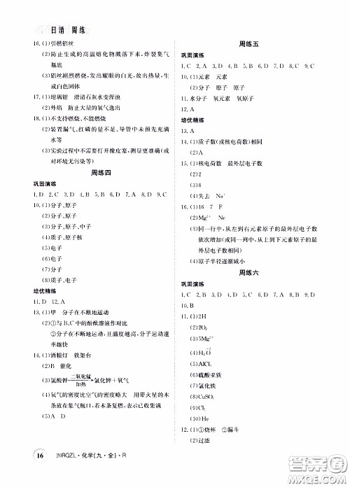 2020年日清周练限时提升卷化学九年级全一册R人教版参考答案