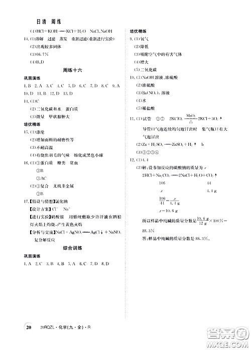 2020年日清周练限时提升卷化学九年级全一册R人教版参考答案