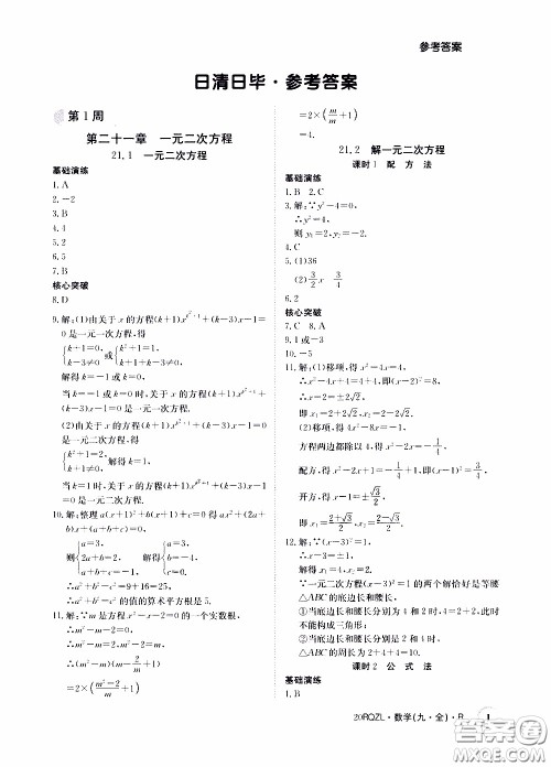 2020年日清周练限时提升卷数学九年级全一册R人教版参考答案