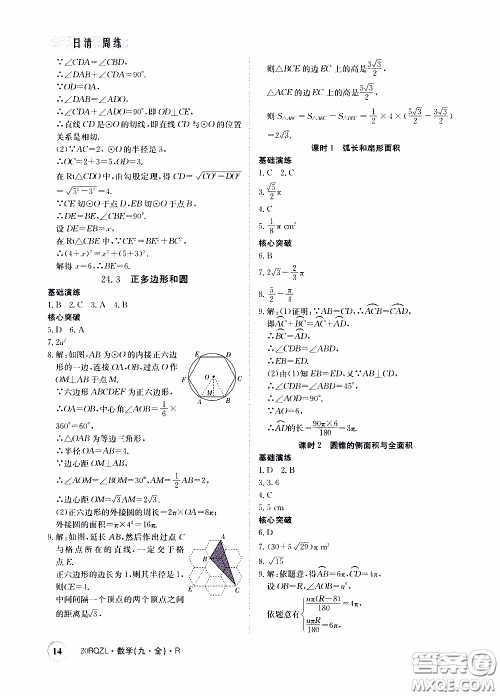 2020年日清周练限时提升卷数学九年级全一册R人教版参考答案