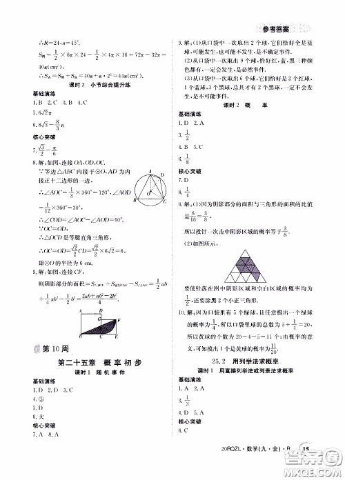 2020年日清周练限时提升卷数学九年级全一册R人教版参考答案