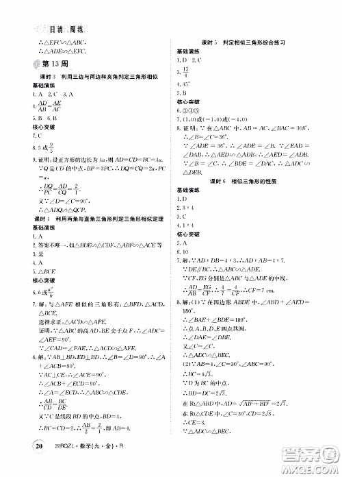 2020年日清周练限时提升卷数学九年级全一册R人教版参考答案 2020年日清周练限时提升卷数学九年级全一册R人教版参考答案