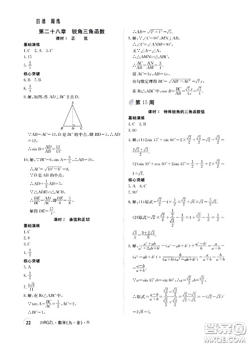 2020年日清周练限时提升卷数学九年级全一册R人教版参考答案