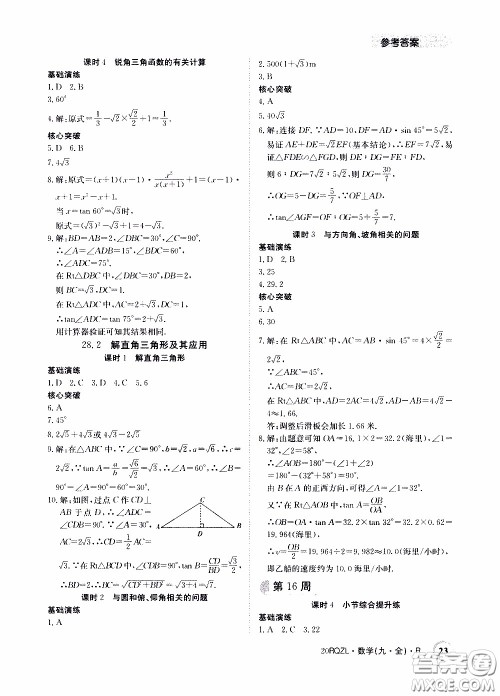 2020年日清周练限时提升卷数学九年级全一册R人教版参考答案