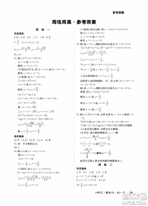 2020年日清周练限时提升卷数学九年级全一册R人教版参考答案