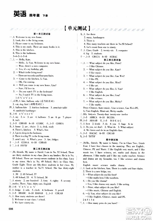 2020年学习质量监测英语四年级下册人教版参考答案