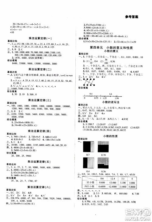 2020年学习质量监测数学四年级下册人教版参考答案