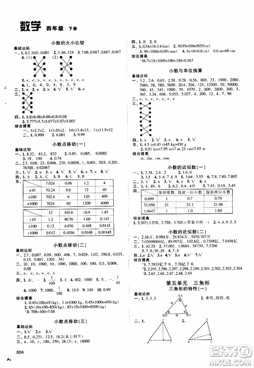 2020年学习质量监测数学四年级下册人教版参考答案