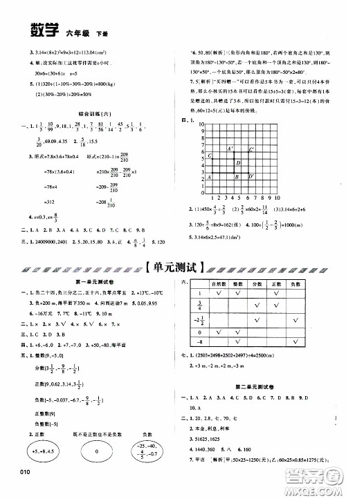 2020年学习质量监测数学六年级下册人教版参考答案