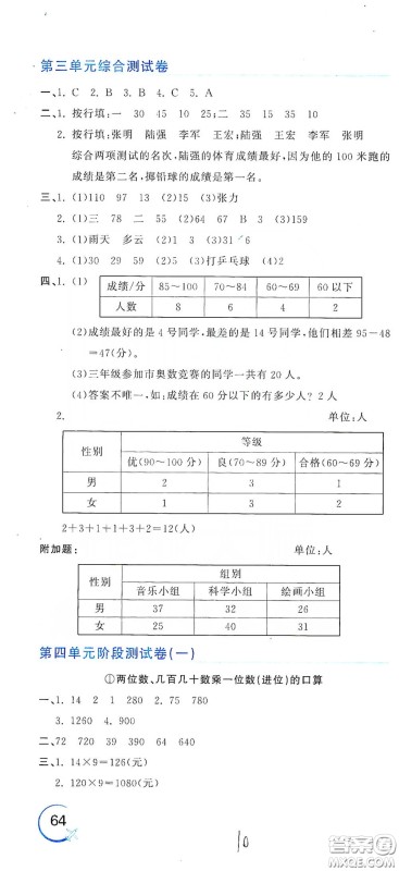 北京教育出版社2020新目标检测同步单元测试卷三年级数学下册人教版答案