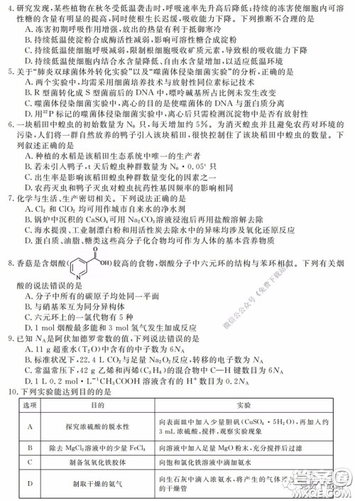 全国百所名校2020届高三大联考调研试卷六理综试题及答案