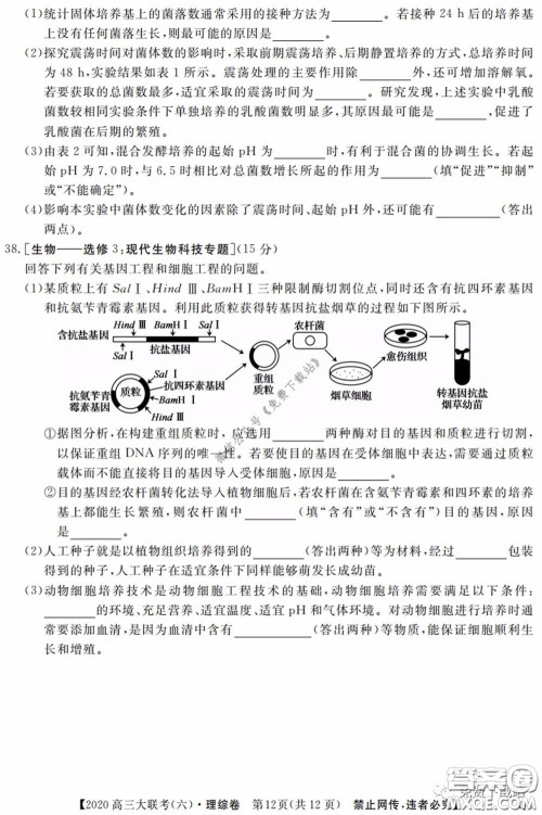 全国百所名校2020届高三大联考调研试卷六理综试题及答案