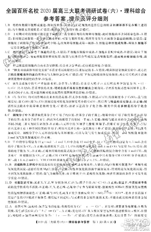 全国百所名校2020届高三大联考调研试卷六理综试题及答案