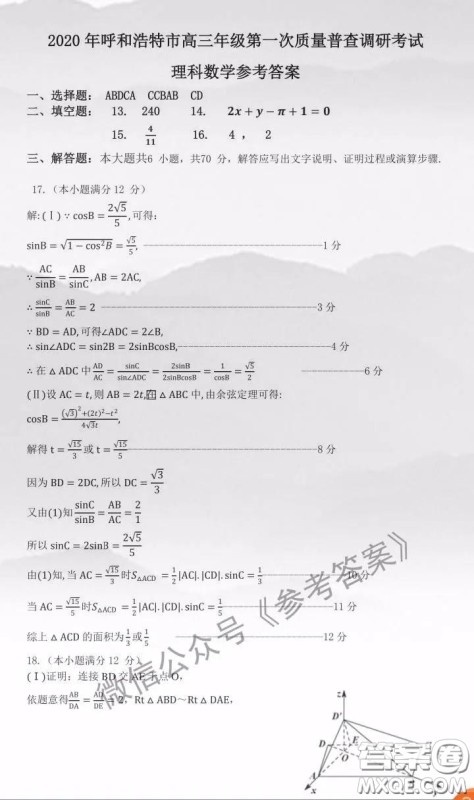 2020年呼和浩特市高三年级第一次质量普查调研考试理科数学答案