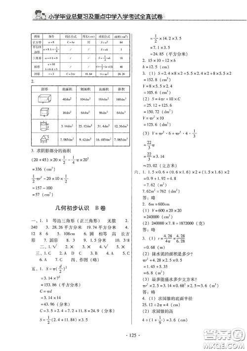 小学毕业总复习及重点中学入学考试全真试卷数学答案