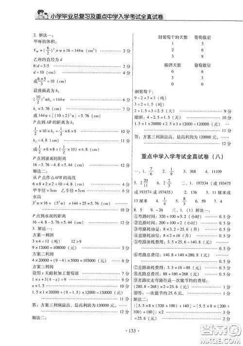 小学毕业总复习及重点中学入学考试全真试卷数学答案